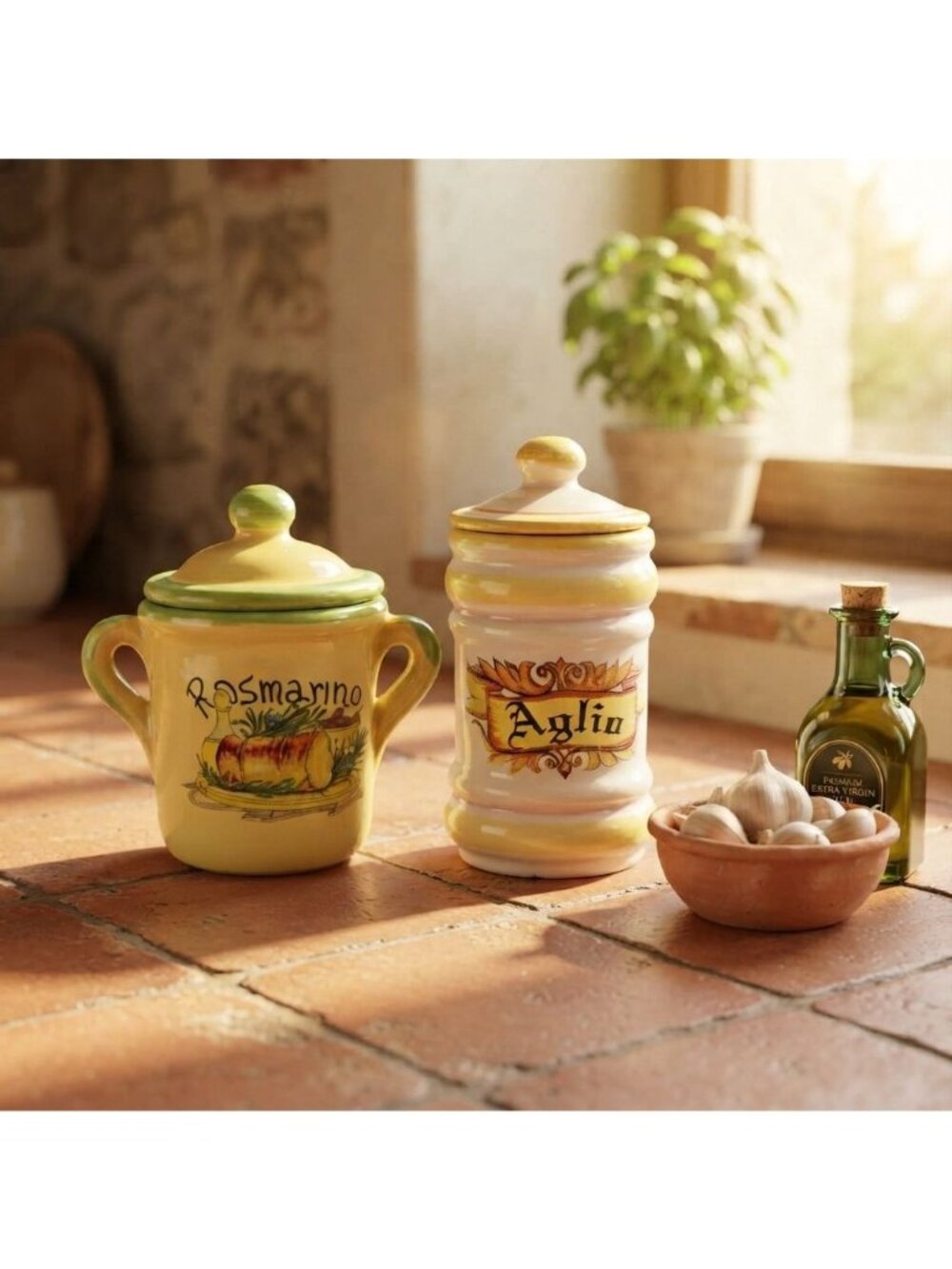Vintage Italian Ceramic Kitchen Canisters Rosmarino Aglio Garlic Rosemary Set